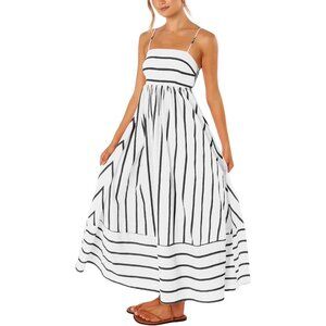 Women's Black White Striped Back Smocked Spaghetti Strap Cut Out Maxi Dress